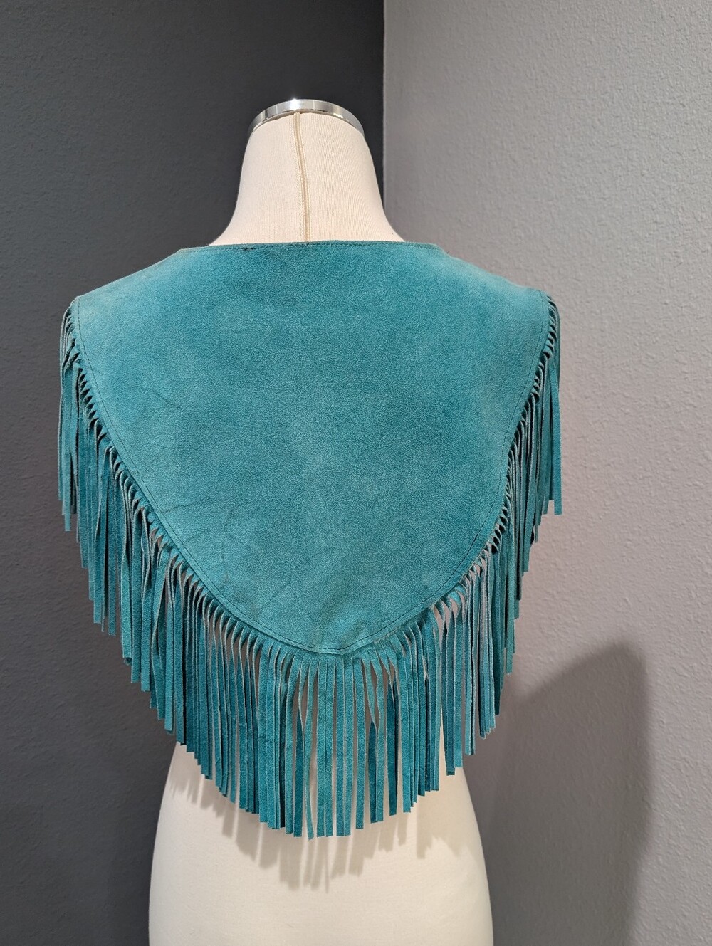 Vintage Steer Brand Teal Suede Fringe Cape with Conchos - Boho Western Statement - Picture 3 of 16